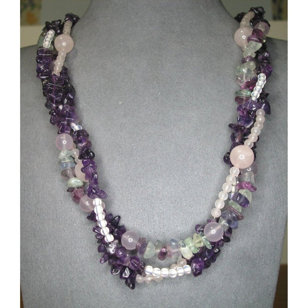 32" Gemstone Necklace Amethyst, Peridot ,Quartz & Fluorite & Closure
